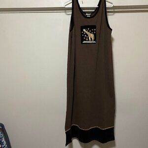 Cite maxi length brown jumper w/dark brown velvet trim & giraffe, size XL